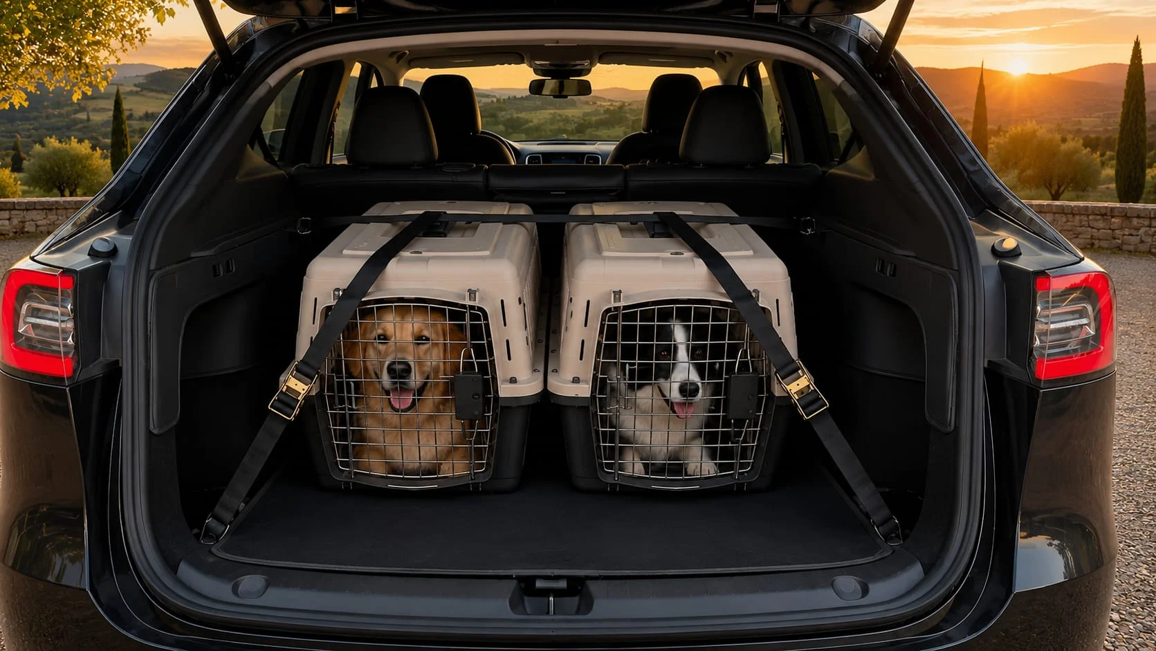 Dois cães em caixas transportadoras fixadas com cintas na bagageira de um automóvel