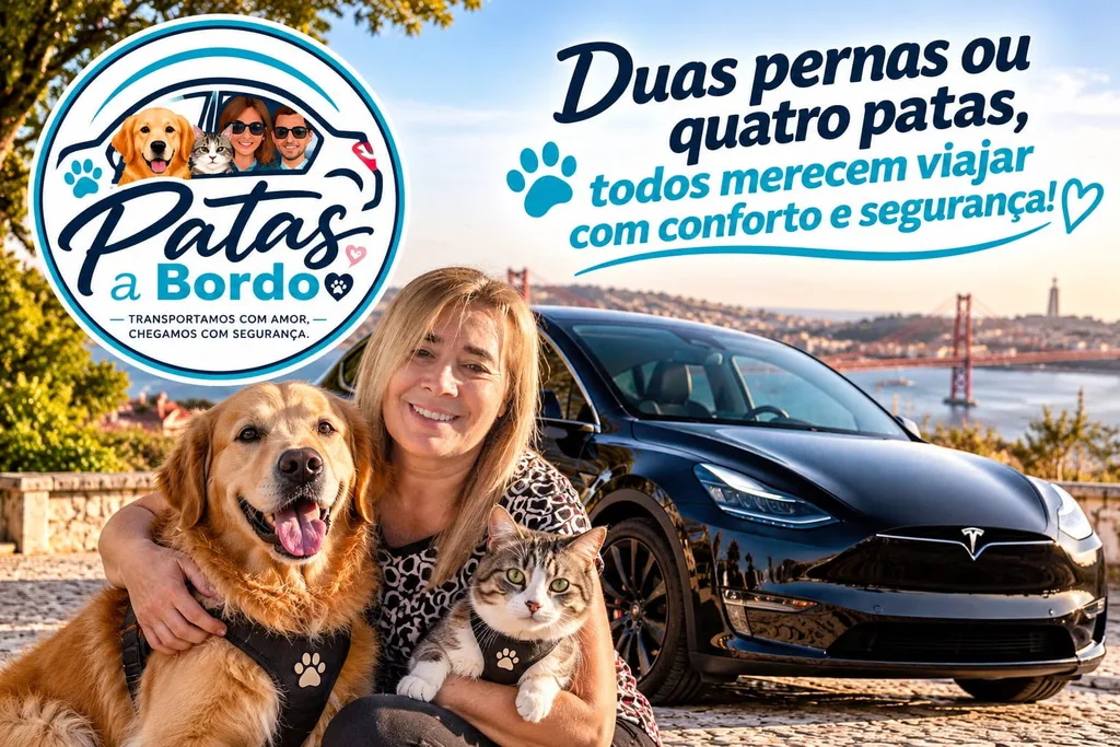 Carla, da Patas a Bordo, sentada ao sol com um golden retriever e um gato ao colo, junto a um Tesla preto, com Lisboa, o Tejo e a Ponte 25 de Abril ao fundo.